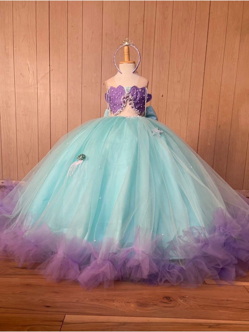 Aqua and Purple Tulle Ball Gown Dress with Beaded Bodice